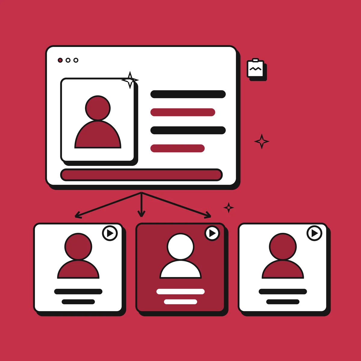 Illustration of an AI avatar presenter delivering a scripted marketing message