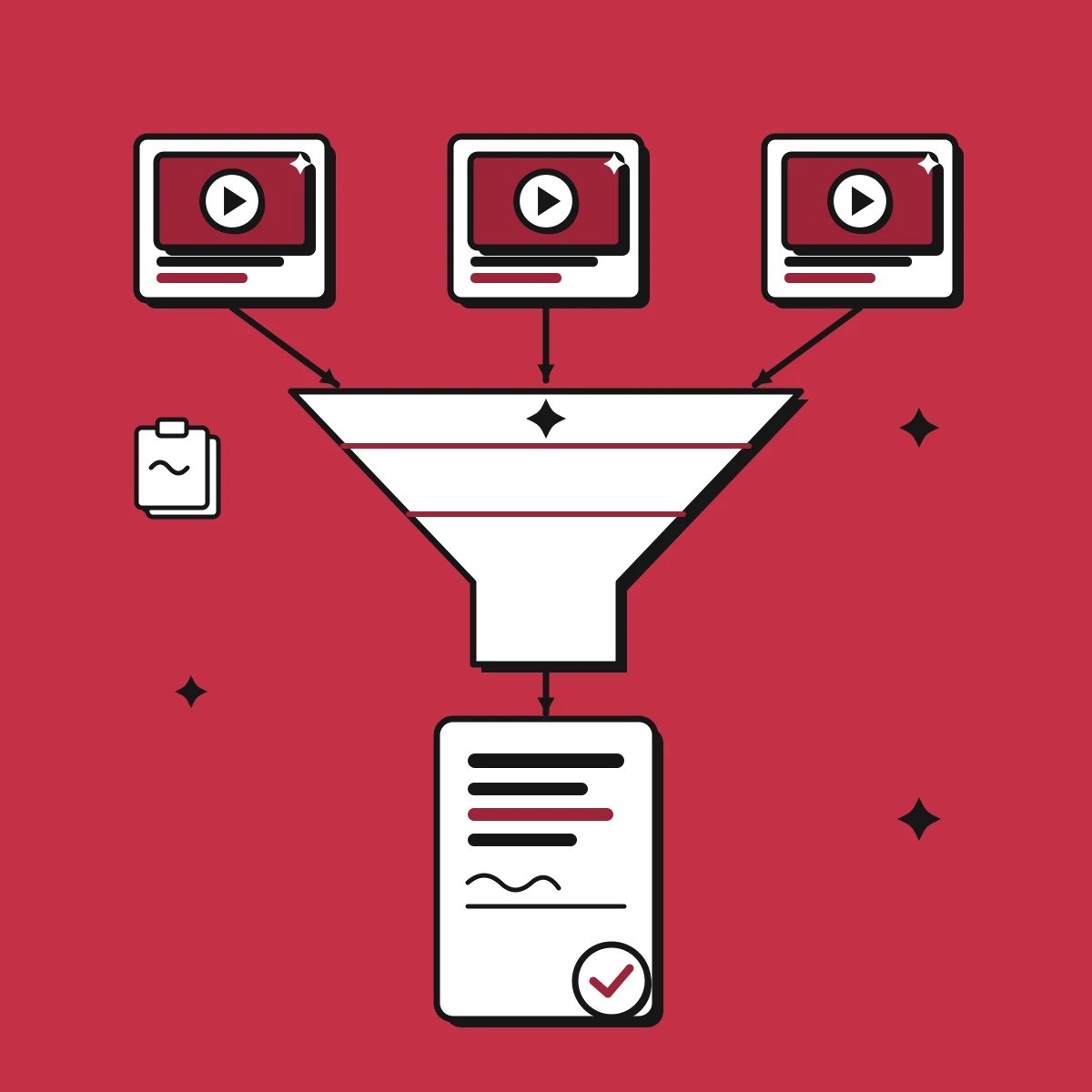 Illustration of AI video clips feeding a B2B demand funnel that ends in a signed deal