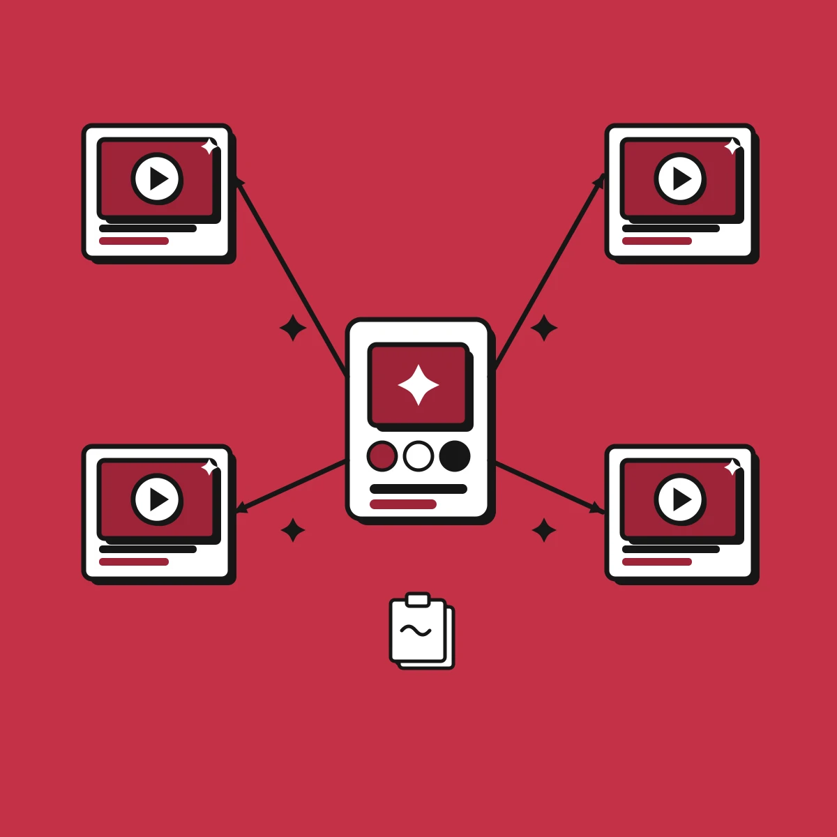 Illustration of one brand system stamping many AI video clips with a consistent look