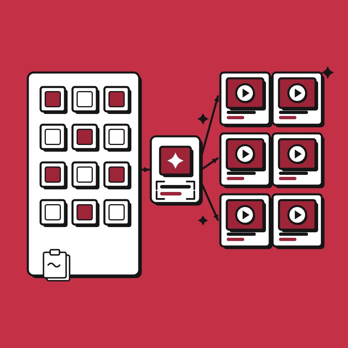 Illustration of an e-commerce product catalog turning into video ads at scale