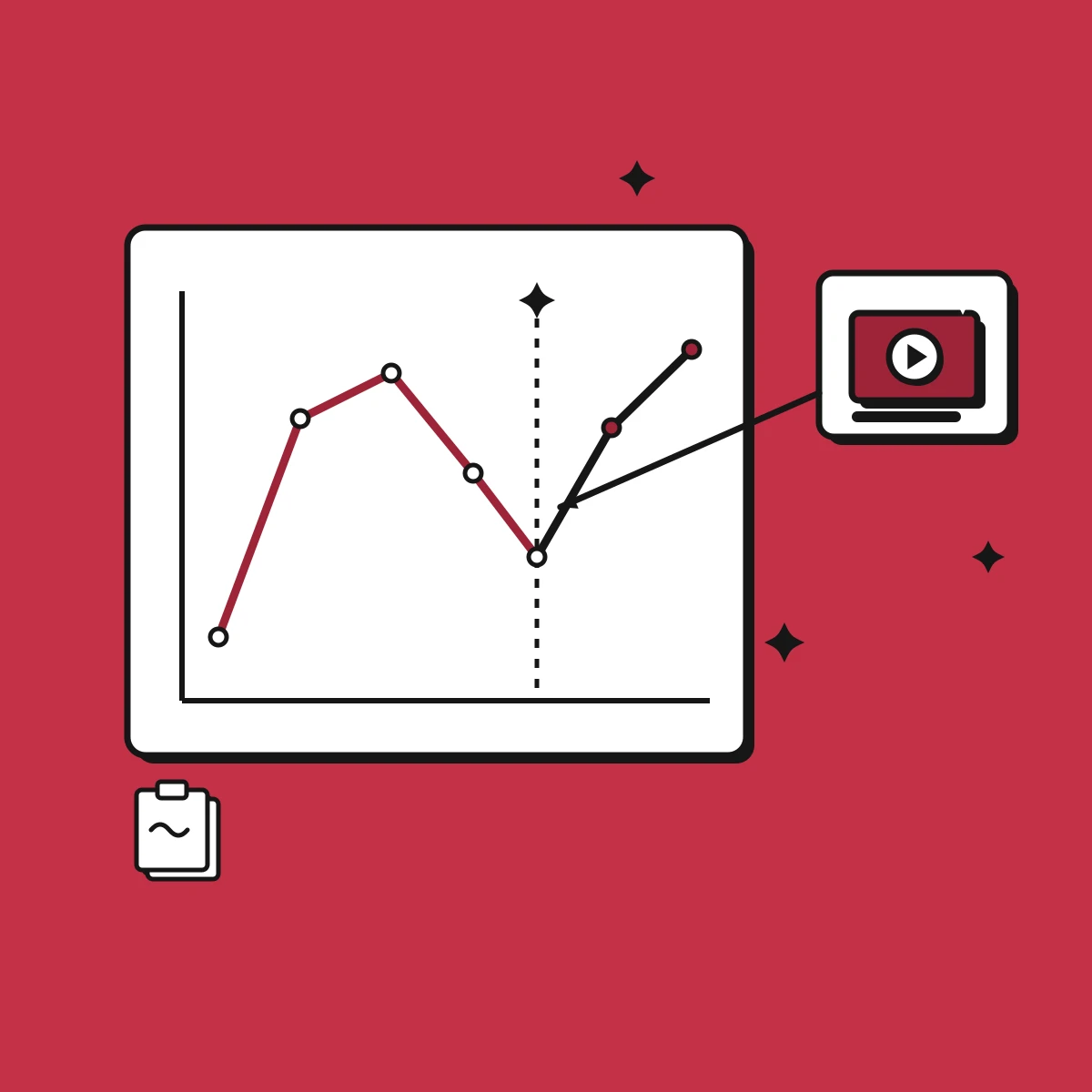 Illustration of an ad performance curve fatiguing and then refreshed back up with a new AI variant