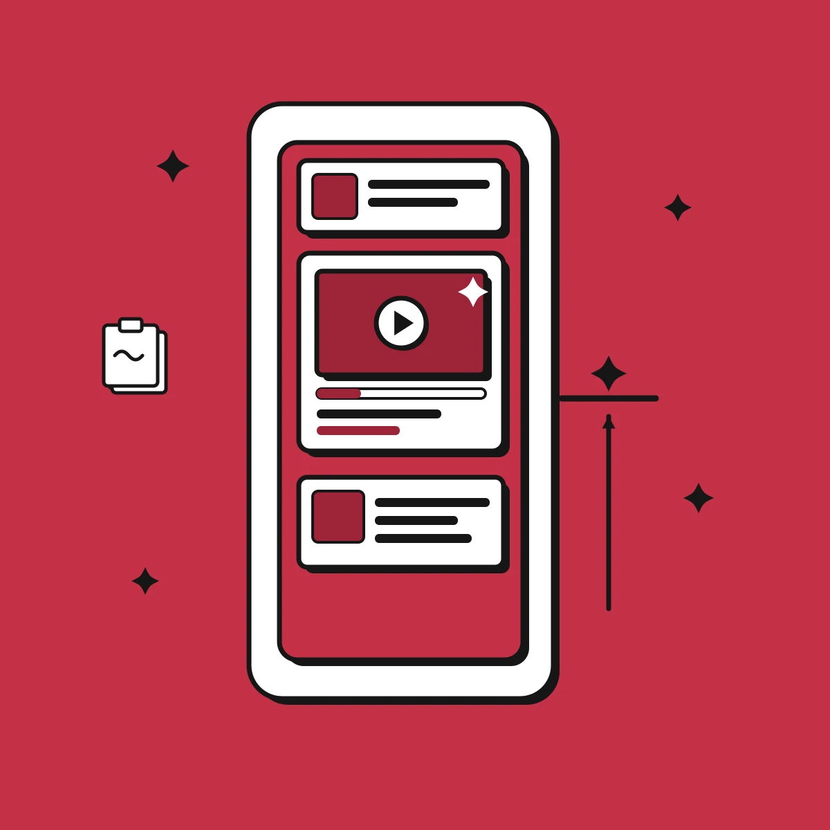 Illustration of a video ad's opening frames stopping a scrolling feed