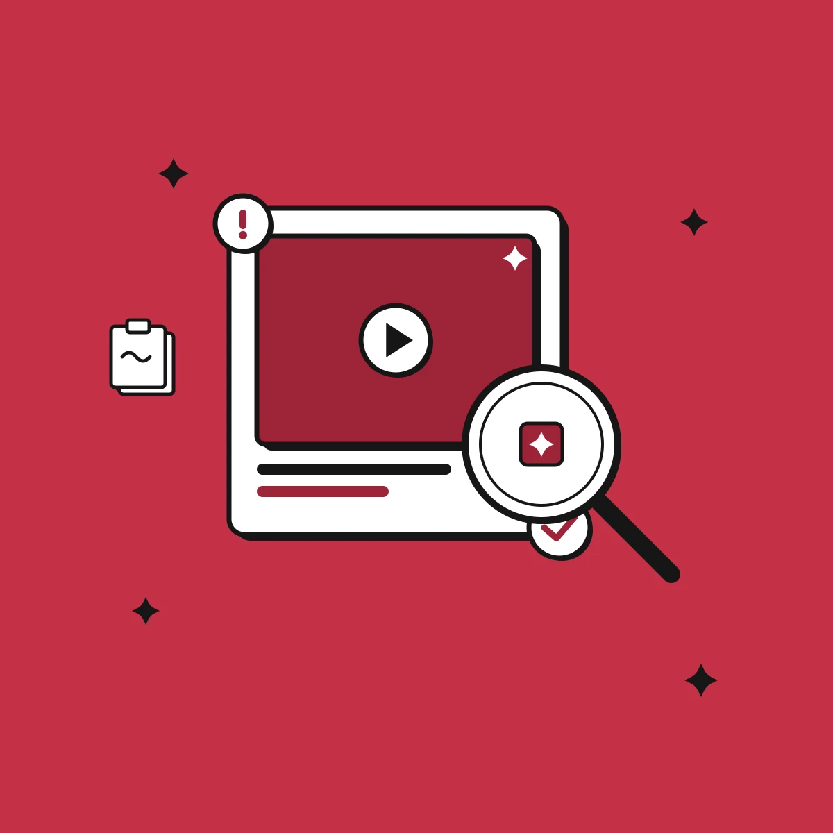 Illustration of a magnifier inspecting an AI video clip for the tells that reveal it as generated