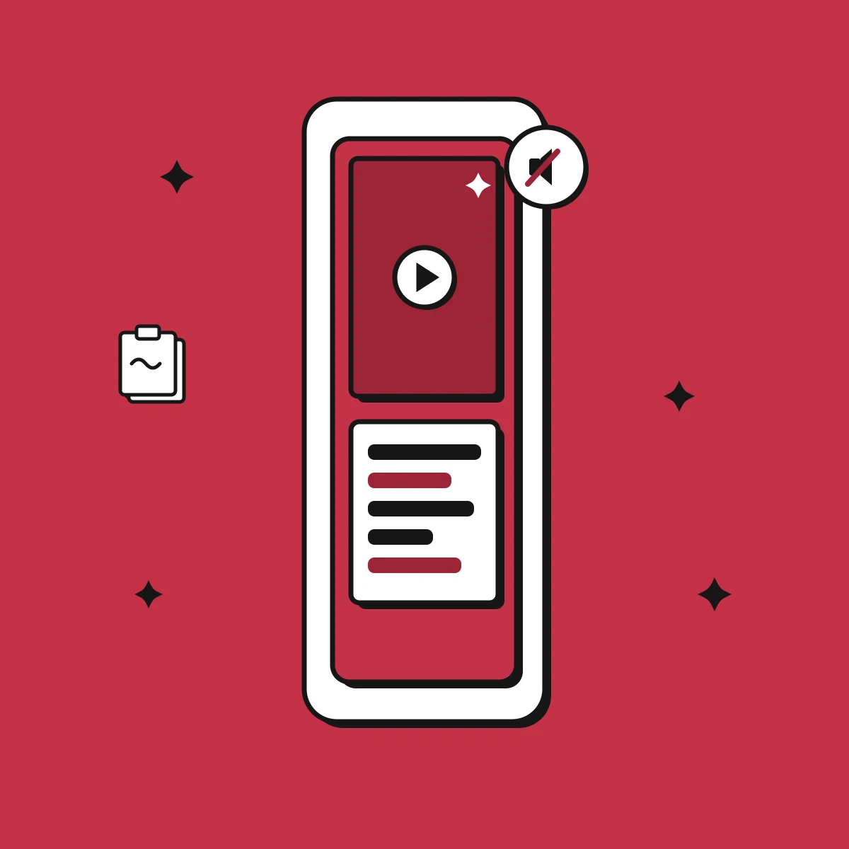 Illustration of a vertical phone video playing on mute with captions carrying the message